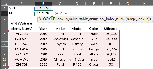 Example VLOOKUP formula with lookup_value and table_array completely filled in